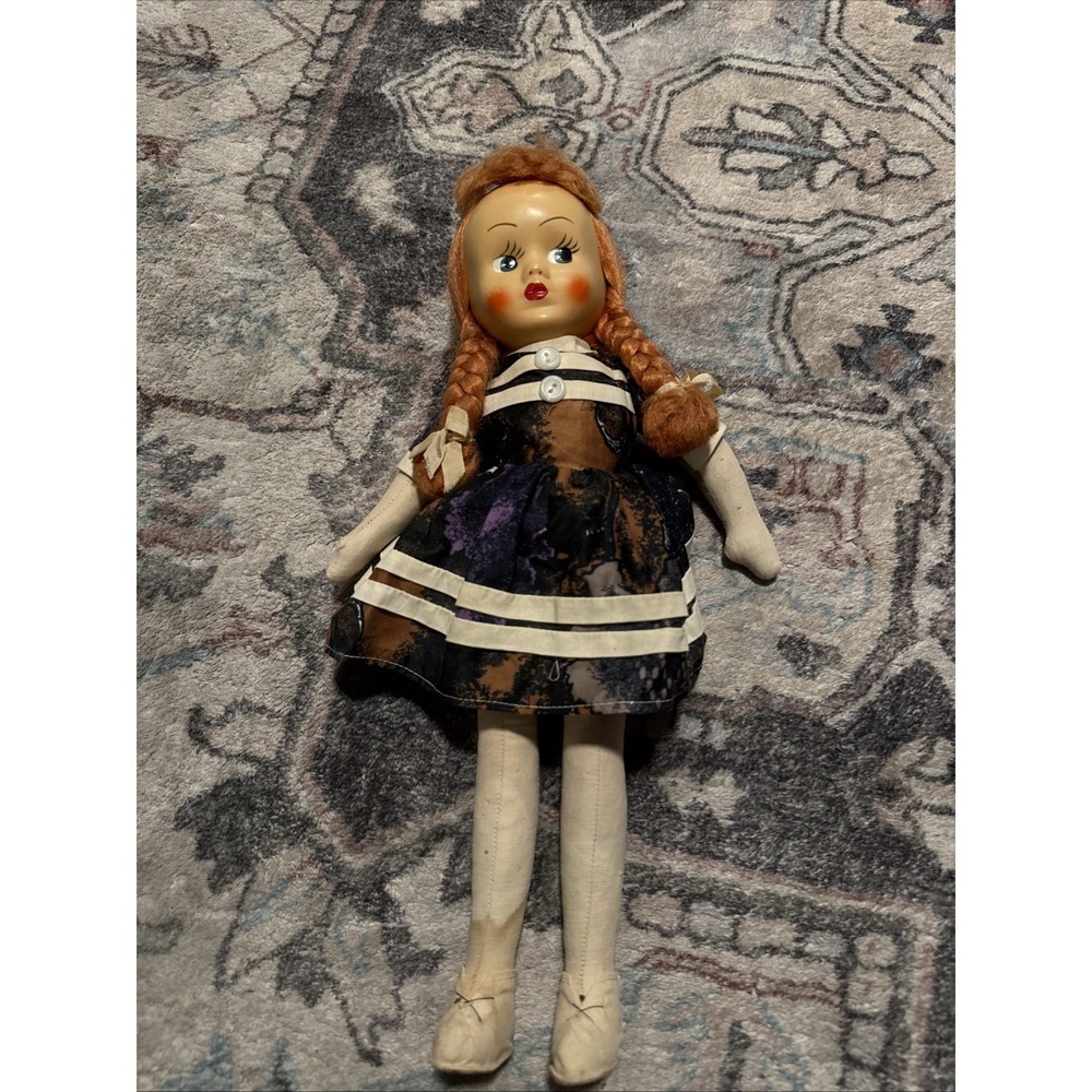 Vintage 1930/40s Celluloid Mask Face Doll /jointed red hair green eyes